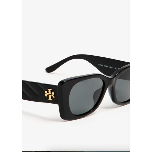 Tory Burch Kira Quilted Geometric Sunglasses | Black Acetate | Logo Gold Detail - Picture 13 of 16